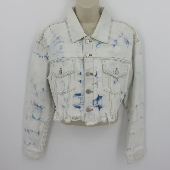 Guess Women Medium White Blue Bleached Distressed Crop Denim Jacket NEW Defects - Picture 14 of 15
